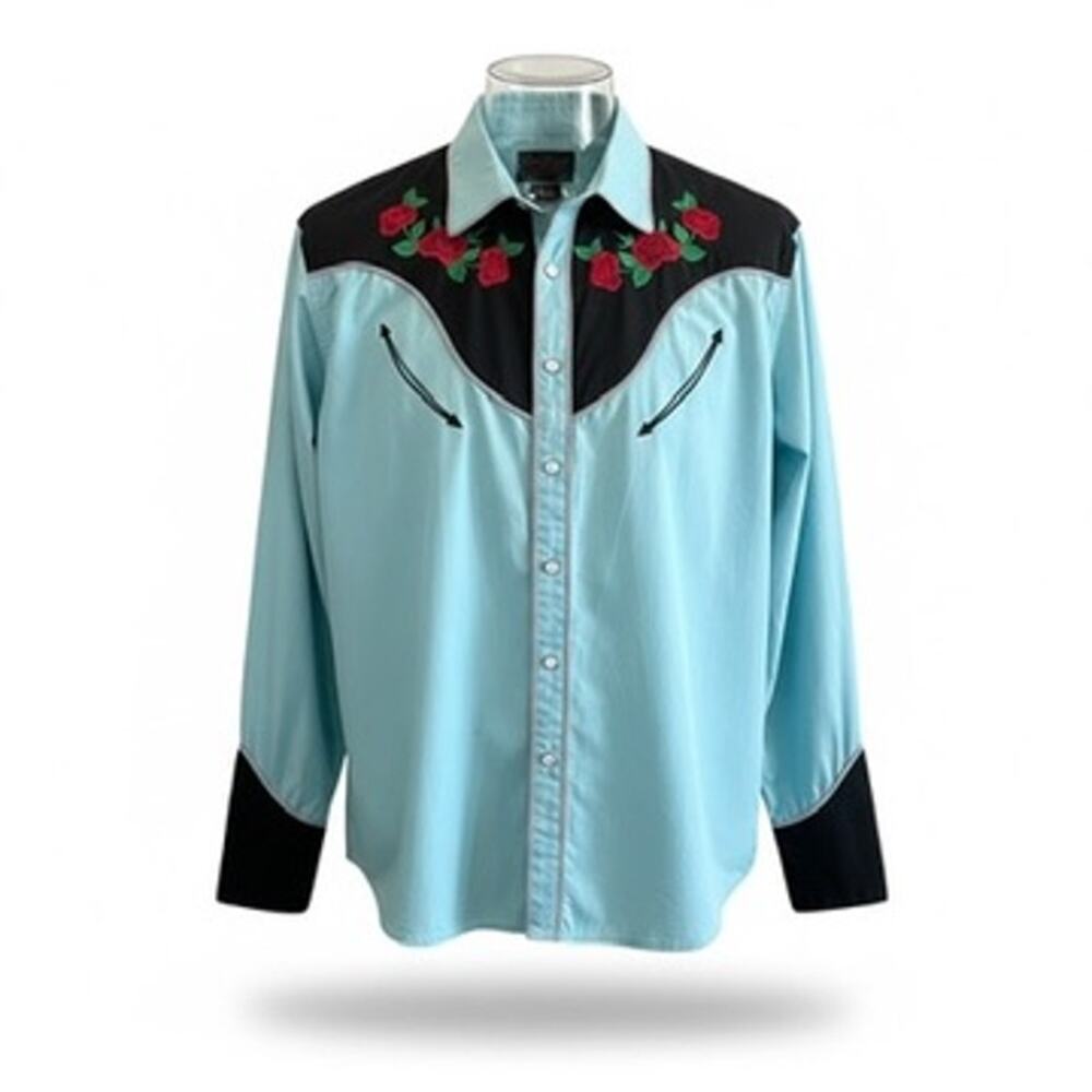 Coofandy Men's XXL Western Shirt Turquoise Black Rose Embroidered Cowboy